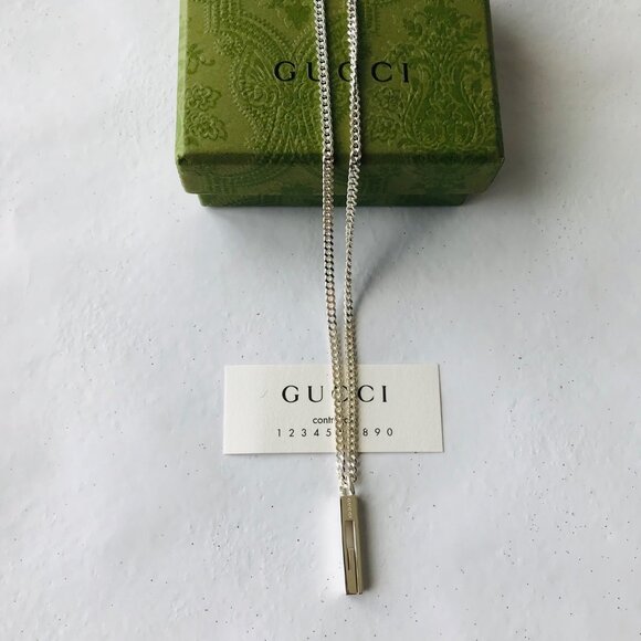 Gucci Trademark Stainless G Bar Pendant & 20"Chain Necklace